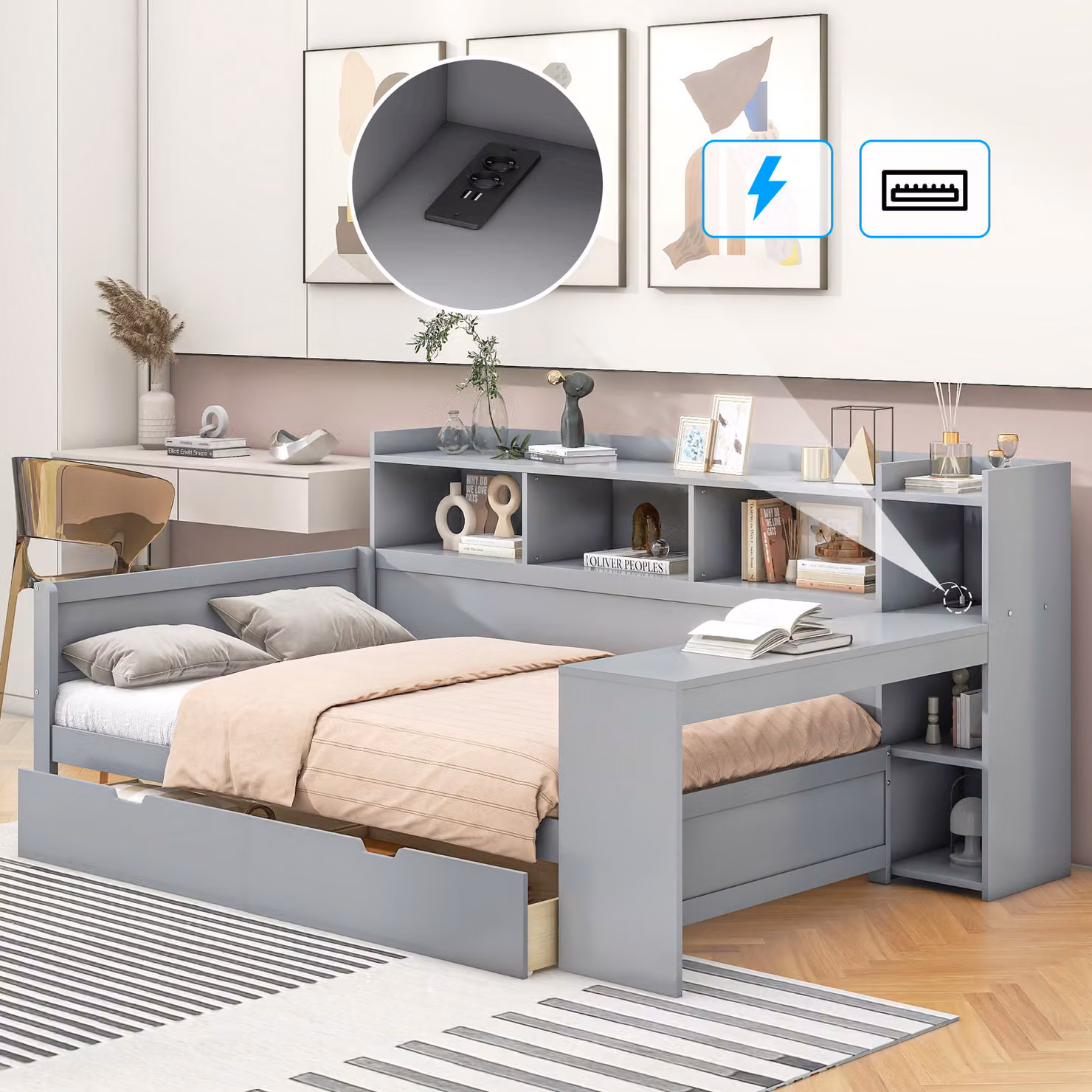 STILVORA Divano letto 90 x 200 cm, divano letto con presa di corrente e porta USB, letto per ragazzi con 2 cassetti e scrivania, grigio (con materasso)