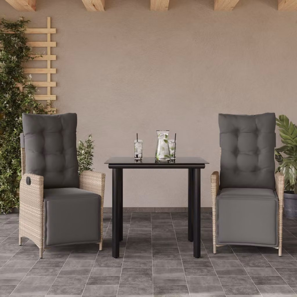 Set Pranzo da Giardino vidaXL in Polyrattan con Piano in Vetro e Cuscini, 3 Pezzi, Grigio Antracite – 1