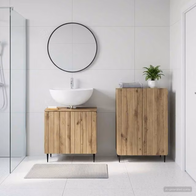 Set di mobili da bagno moderno vidaXL composto da mobile lavabo e mobile laterale in legno color rovere marrone con ante a battente sospese a parete