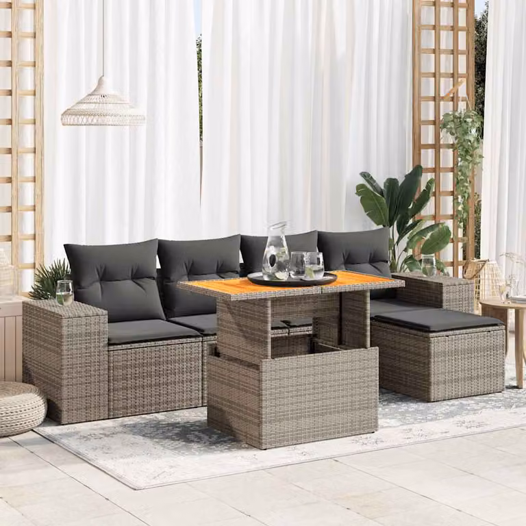 Set Divano da Giardino vidaXL 6 pz a Forma a L con Cuscini e Tavolino, Colore Grigio, Design Moderno in Polyrattan e Legno di Acacia