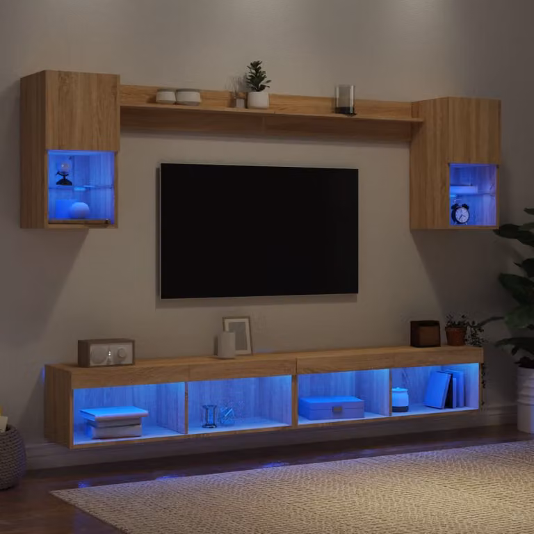 Mobile TV da parete vidaXL con illuminazione LED integrata, 6 pezzi, Rovere, Legno Multistrato e MDF