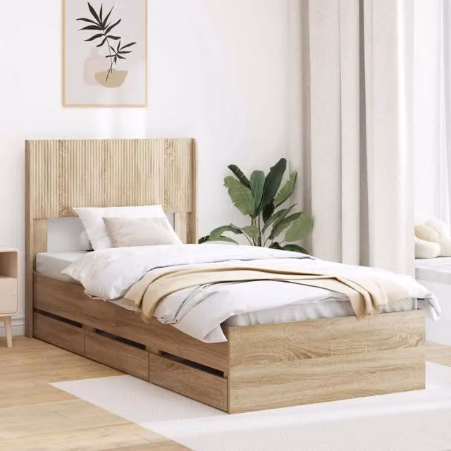 Letto moderno con contenitore e testata vidaXL in legno color rovere e marrone L: 140 cm, P: 200 cm, H: 82 cm