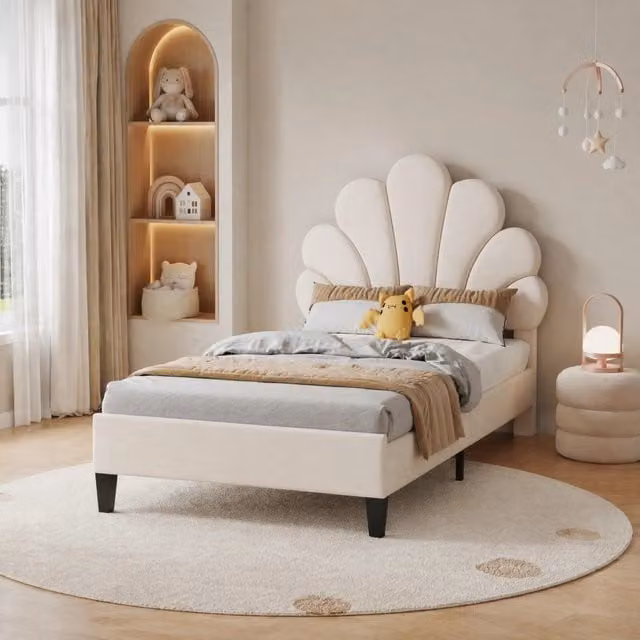 Letto 90x200 cm beige – testiera a fiore e rete a doghe, senza materasso