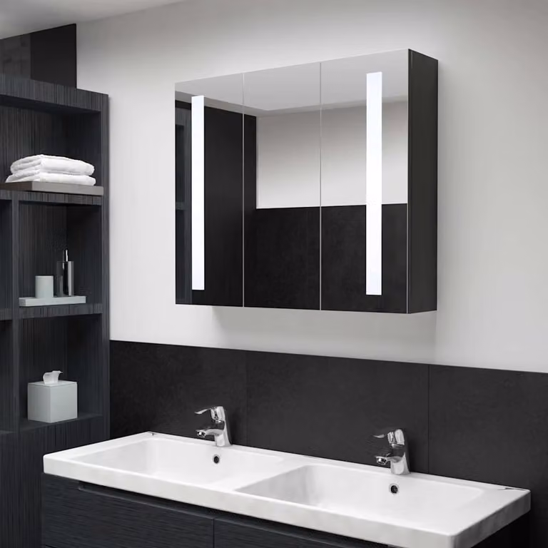Armadietto da bagno moderno vidaXL con specchio, illuminazione LED e ripiani interni, colore antracite, L: 89 cm, P: 14 cm, H: 62 cm