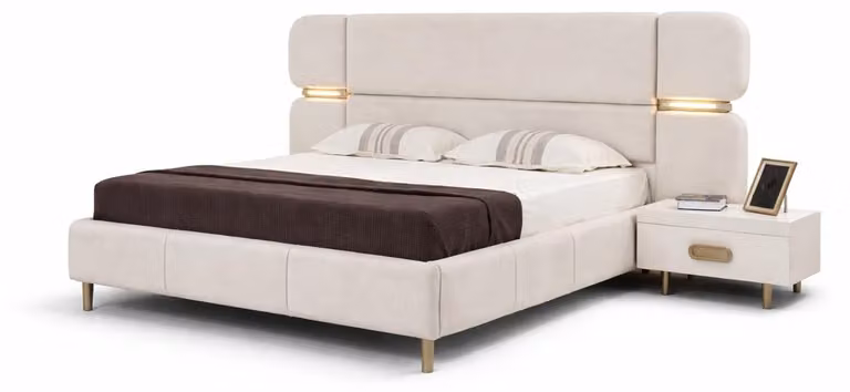 Set completo per camera da letto in beige, robusto, con un letto matrimoniale design e 2 comodini