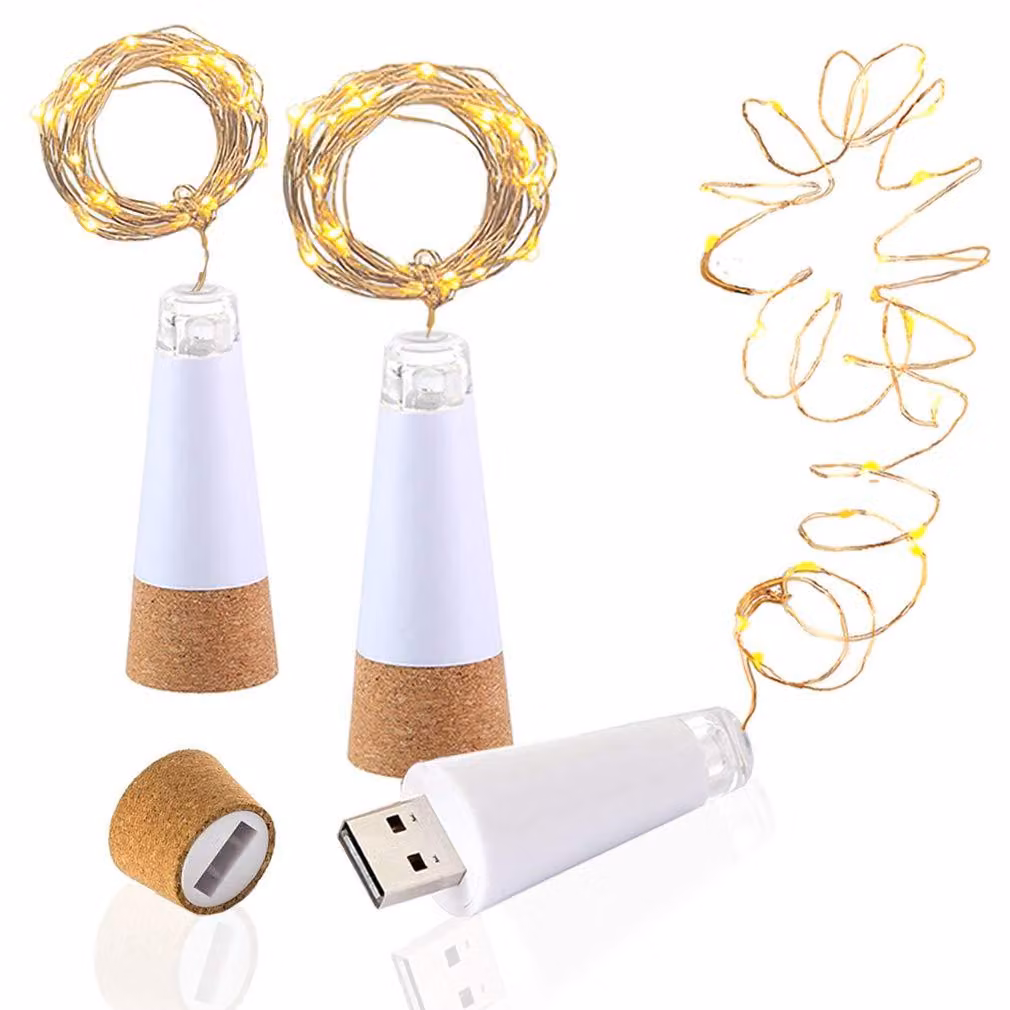 Catena luminosa a LED con tappi, alimentazione USB, lunghezza 1,9 metri, 20 LED, luce bianco caldo, confezione da 3 pezzi