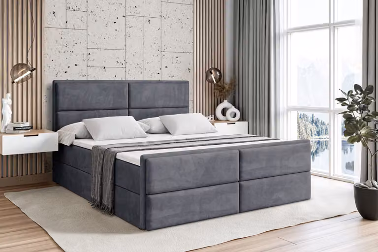 Letto boxspring ALTDECOR con pediera, materasso H3 e topper - 140x200 cm - AURA-Z - Velluto grigio scuro - Letto imbottito con contenitore e rete a doghe, letto con spazio contenitivo