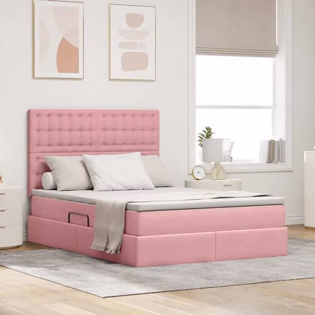 Letto con contenitore vidaXL in velluto rosa con illuminazione LED e porta USB, L/P: 140 x 200 cm