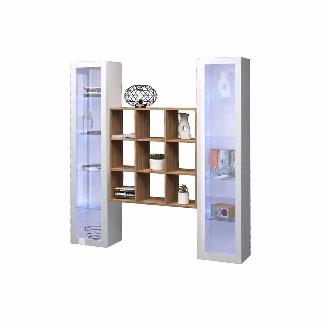Mobile Espositore Felice DMORA con Ante in Vetro e 14 Ripiani, Bianco Lucido, L/P/H: 30 x 40 x 180 cm – 2