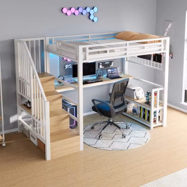 Letto a soppalco singolo 90 × 200 cm con scrivania, ripiani, LED regolabile, USB e Type-C, senza materasso, bianco
