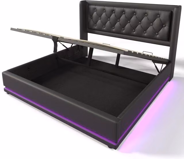 Letto Contenitore Matrimoniale Nero con Porte USB e Tipo C, Luci LED Integrate e Base a Sollevamento, L/P: 160 x 200 cm