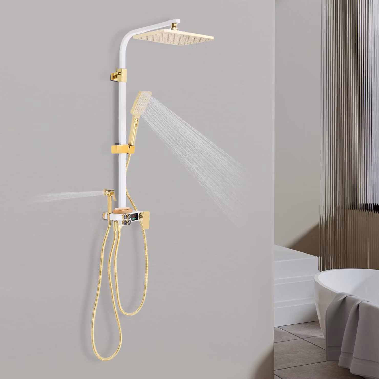 Set doccia da parete - Bianco - Ottone - Con miscelatore per doccia - Kit con barra scorrevole