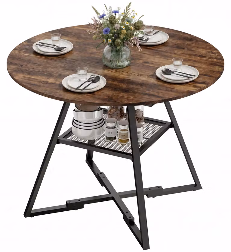 Tavolo da pranzo per 4 persone, tavolo da cucina industriale rotondo di 100 cm con ripiano, piano del tavolo effetto legno, color marrone rustico
