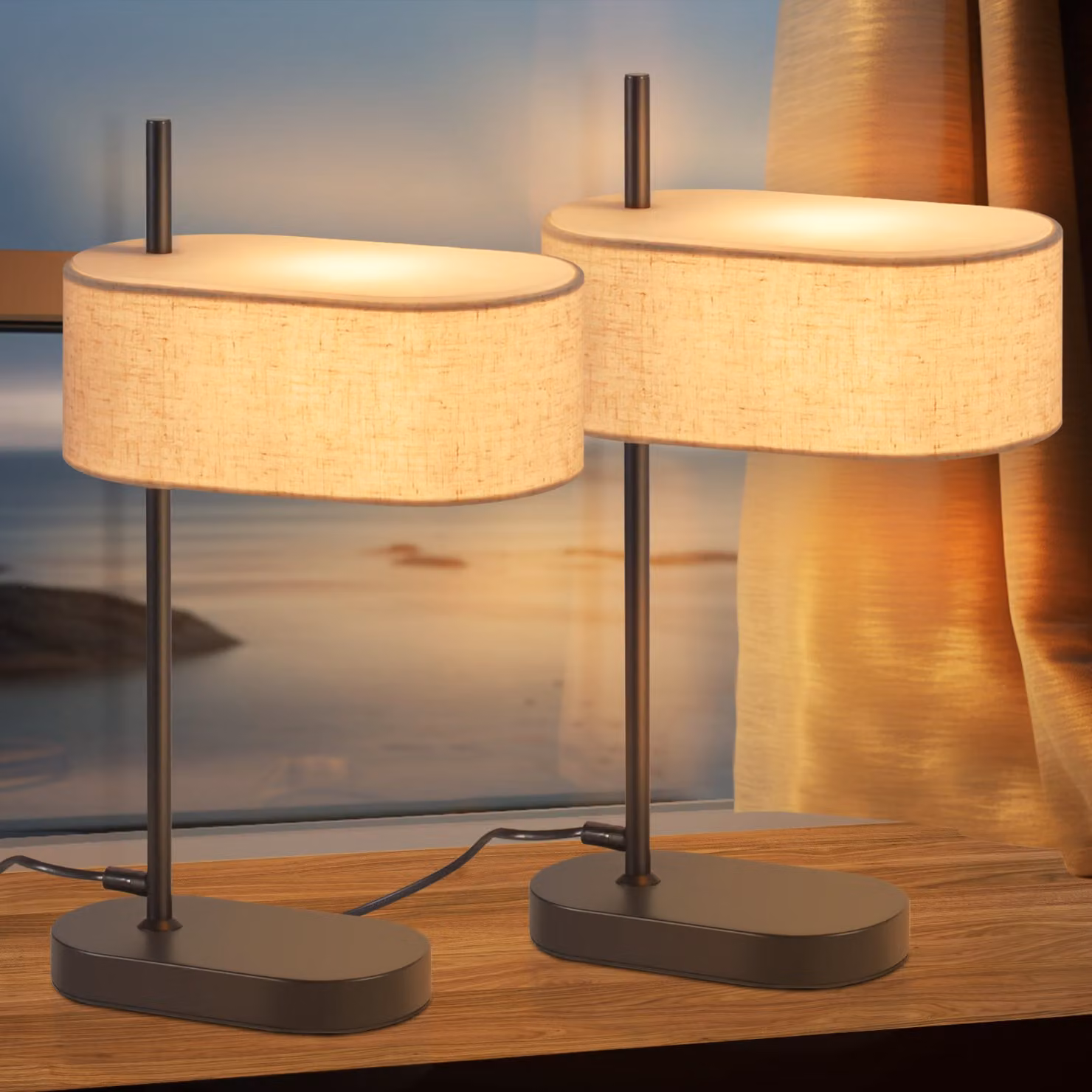 ZMH 2pcs lampada da comodino camera da letto lampada da tavolo vintage - 44.5cm E14 lampada da tavolo nera paralume in tessuto di lino con cavo interruttore e spina lampada da salotto retrò per soggiorno ufficio (senza lampadina)