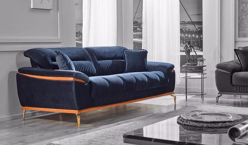 Blau Sofa Dreisitzer Couch Wohnzimmer Modern Design Möbel Polster Textil