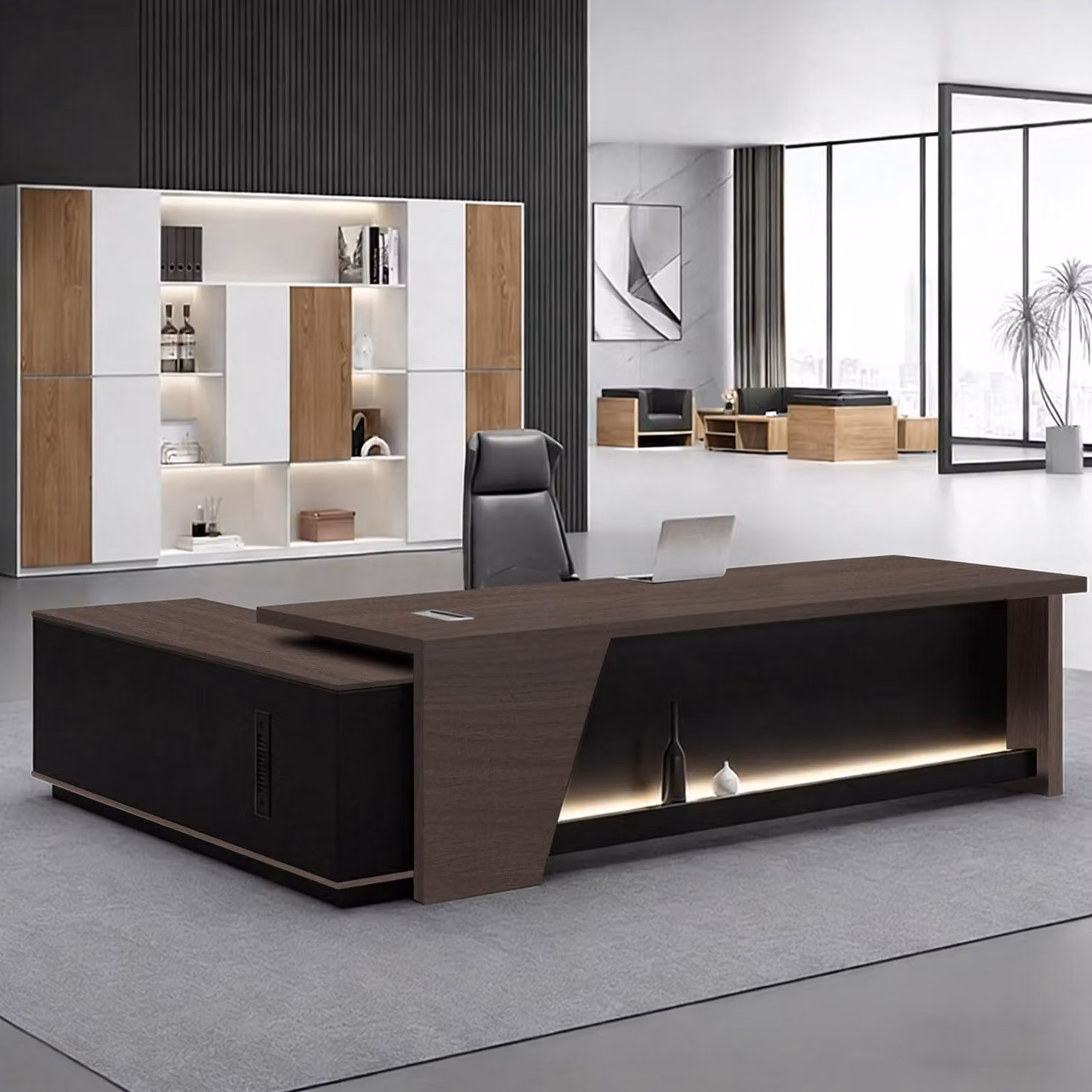 Scrivania a forma di L con spazio contenitivo, dimensioni 180x80x75 cm, colore nero e bianco