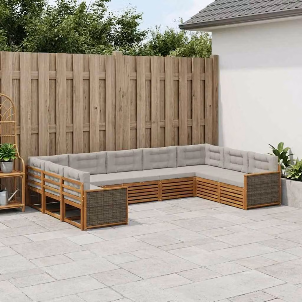 Set di divani da esterno vidaXL a forma di L in legno di acacia con cuscini, beige e grigio