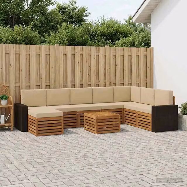 Set di divani da esterno a L vidaXL in legno di acacia con tavolino e pouf, colore beige e sabbia