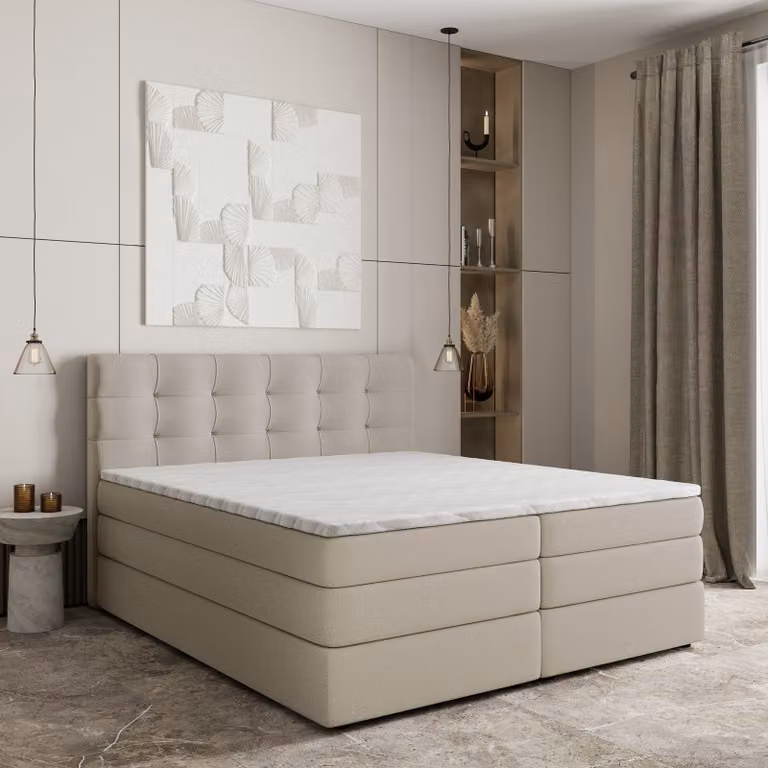 Letto a molle Masseno AREZI 180x200 cm completo di materasso e topper Bonell, letto imbottito con cassettiera -Beige, SORO 21
