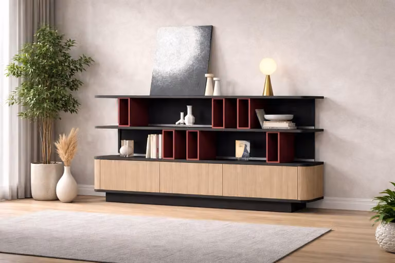 Credenza color marrone chiaro, credenza di design, lussuosa cassettiera in legno