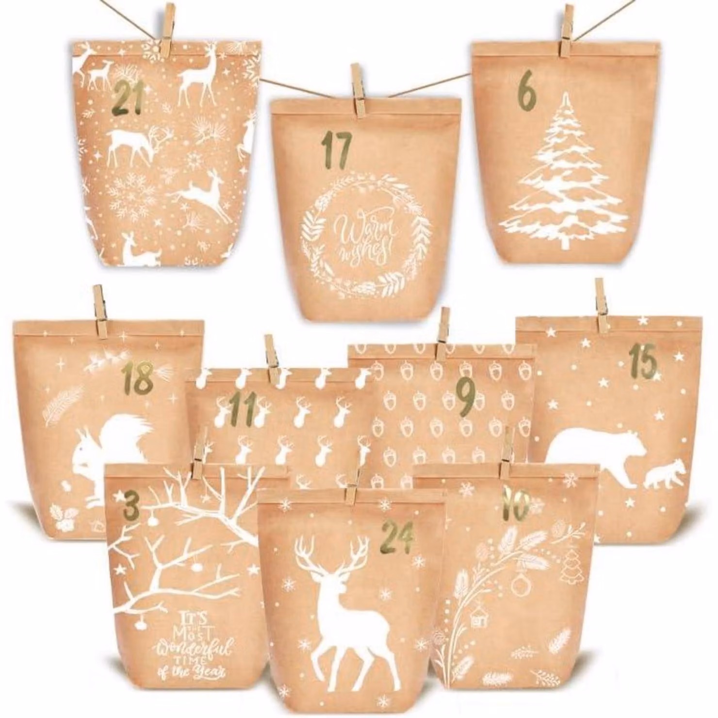 Calendario dell'Avvento da riempire 24 sacchetti di carta calendario di Natale fai da te carta kraft marrone