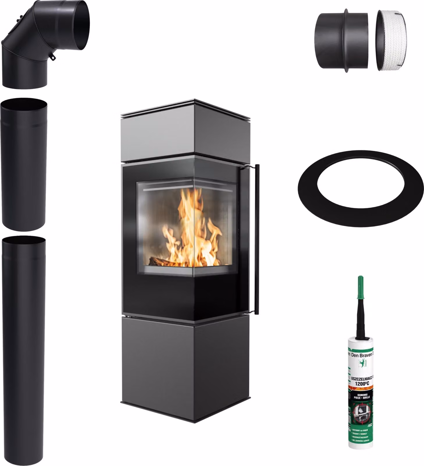 Cucina a libera installazione KRATKI REN S sinistra 7kW Ø150 nero set di montaggio