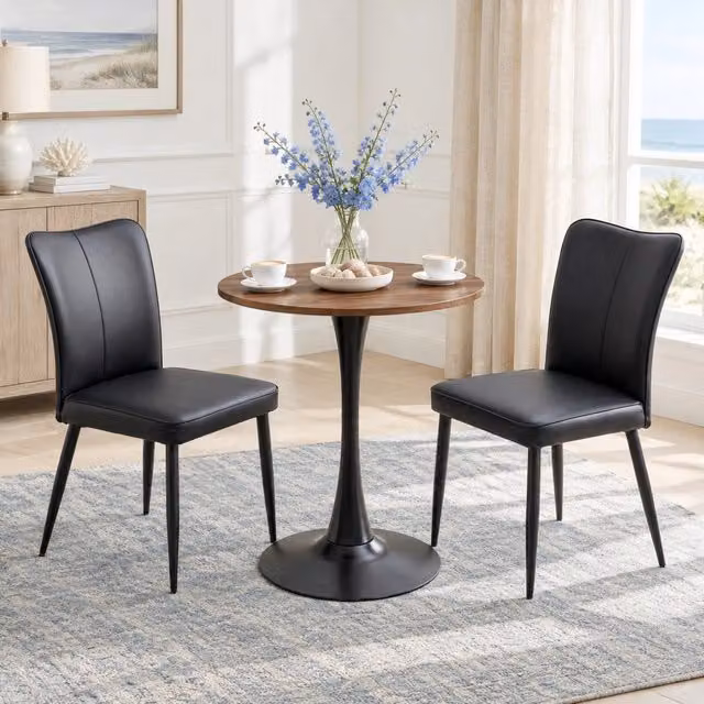Set da pranzo Mivray composto da tavolo rotondo in MDF noce e 2 sedie in similpelle nere con gambe in metallo, L: 120 cm, H: 72 cm