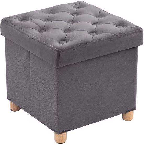 Pouf Unyqoos® con spazio contenitore da 40 litri – 40x40x40 cm, pieghevole, con coperchio removibile, rivestito in velluto realizzato con pannello di fibra ad alta densità e gambe in legno