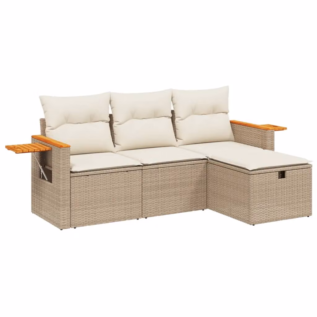 Set Divano da Giardino 4 pz con Cuscini Beige in Polyrattan