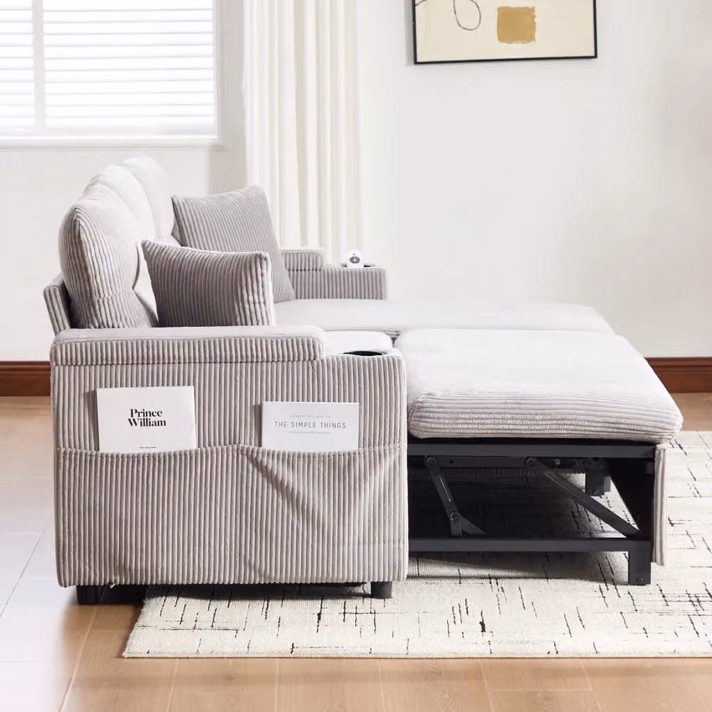 Divano angolare 3 posti WISHDOR in tessuto corduroy grigio con chaise longue sinistra, letto estraibile, contenitore, porta bicchieri e ricarica USB-C, L/P/H: 212.5 x 136.0 x 86.0 cm – 2