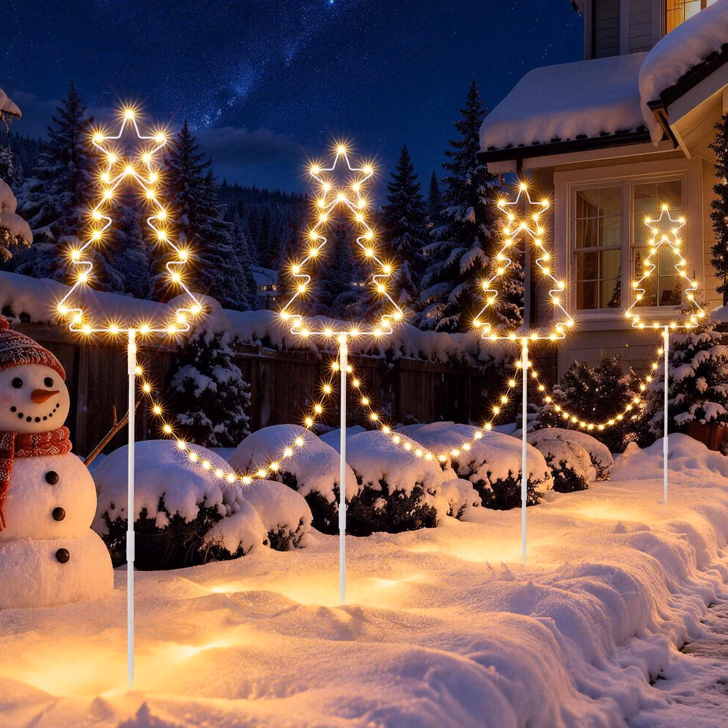 Set di 4 alberi di Natale a LED, luce bianco caldo/multicolore, grado di protezione IP65, 8 modalità