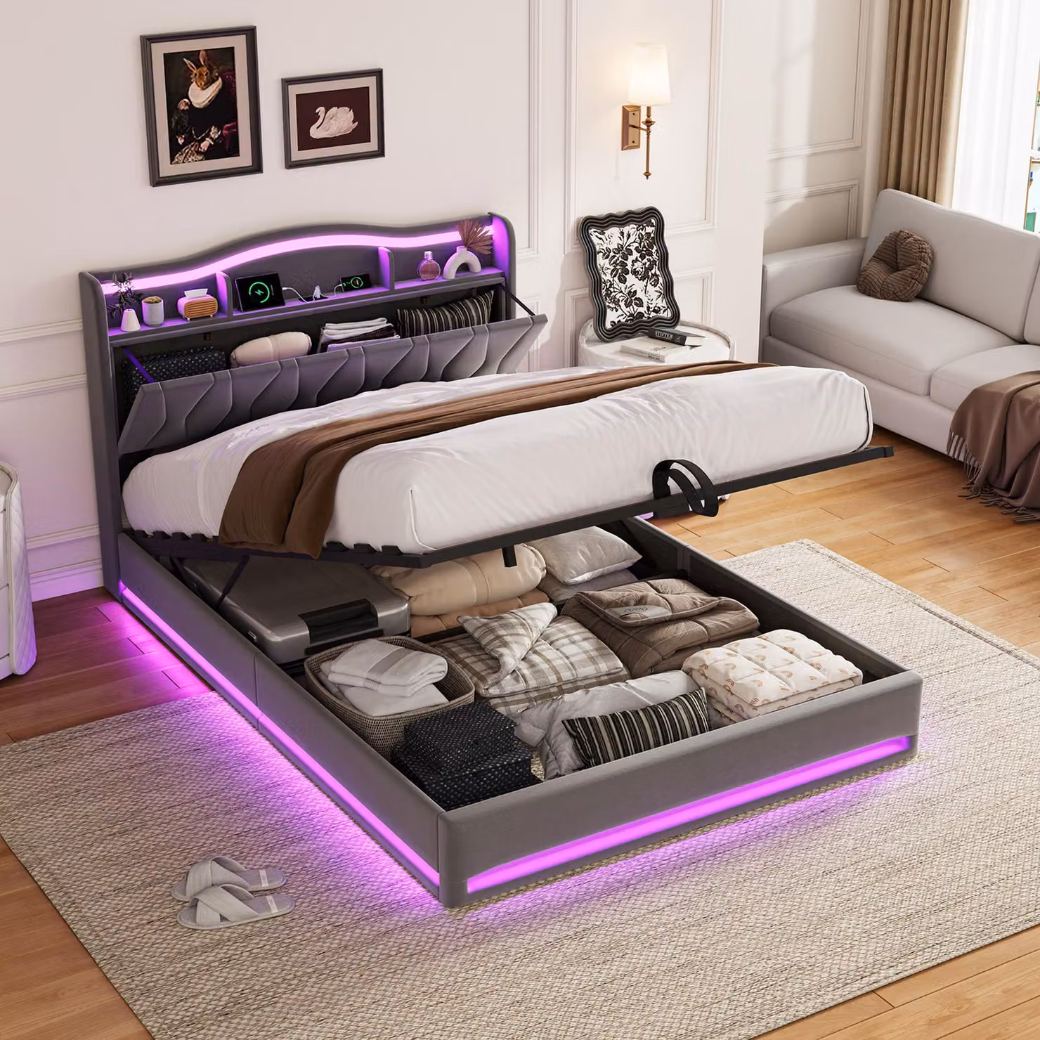 Letto imbottito REMZETTA, 160x200 cm, grigio, con LED, USB e Type-C, testiera con spazio contenitore e contenitore a cassetti integrato