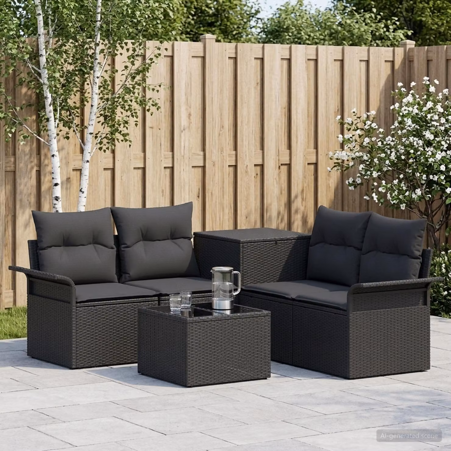 Set di divani da esterno vidaXL composto da 6 pezzi con tavolino, design moderno a forma di L, colore nero