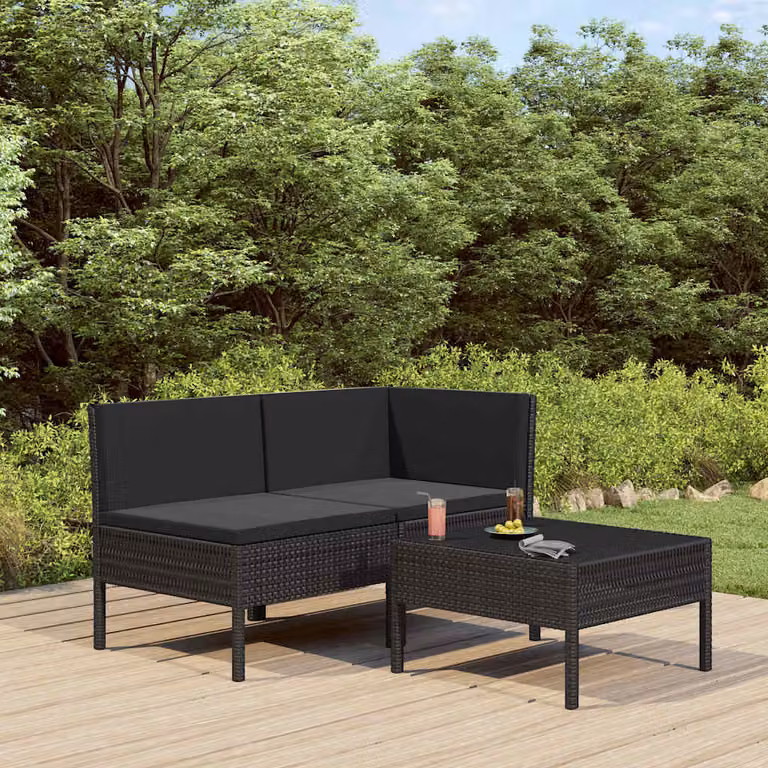 Set da giardino vidaXL composto da 3 pezzi con divano ad angolo, tavolino e cuscini, struttura in metallo nero e design moderno