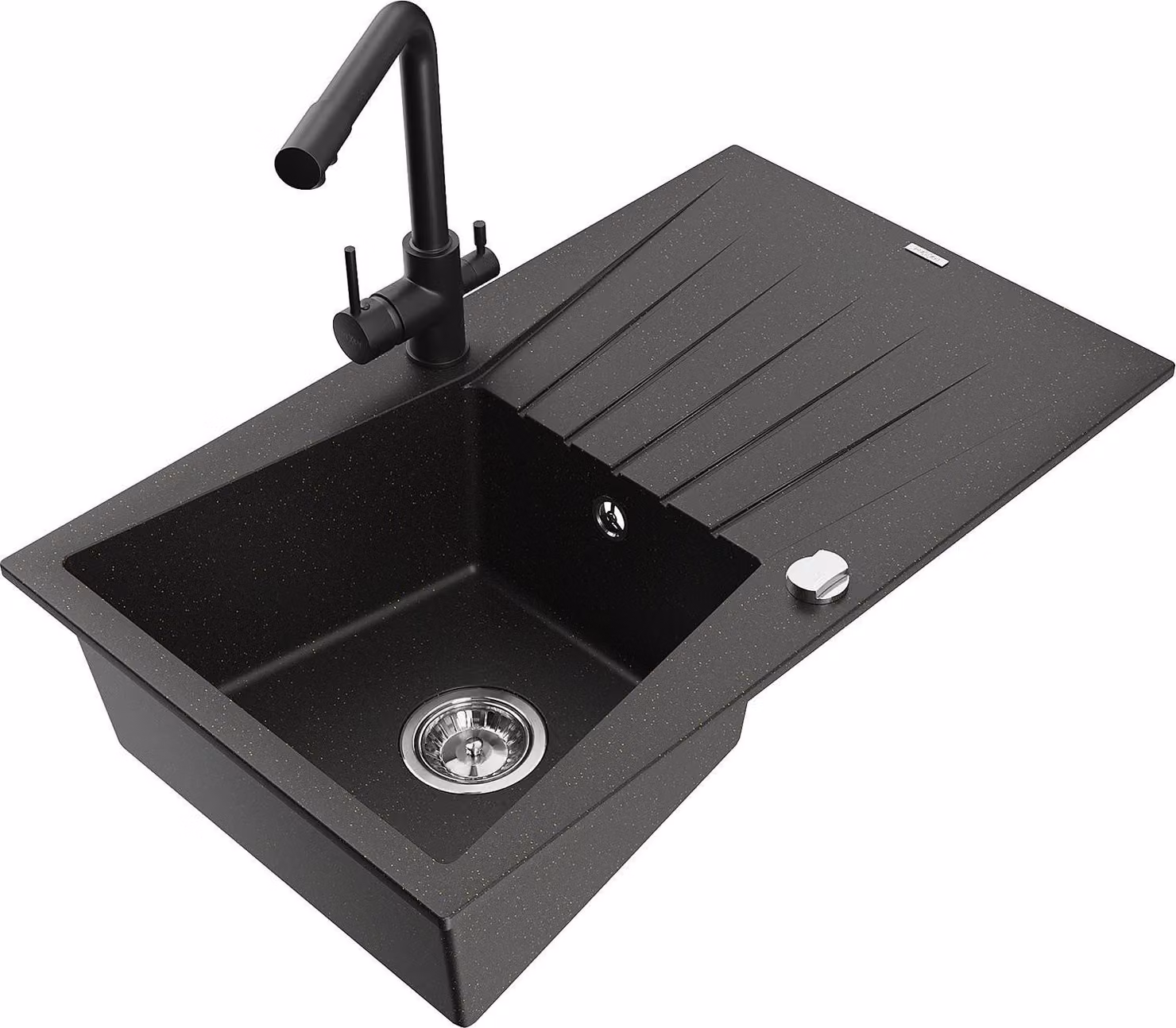 Mexen Cesar lavello in granito a 1 vasca con sgocciolatoio e rubinetto cucina Duero, nero/oro metallizzato - 6514-75-671600-70