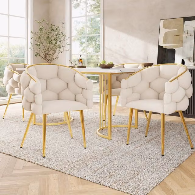 Sedie da Pranzo in Velluto Set 4 Pezzi ¨C Xylo ¨C Beige, Gambe Dorate, Design Moderno
