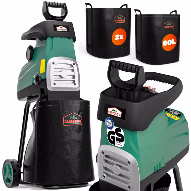 Trituratore elettrico da 3100 W - Diametro di triturazione 44 mm - 2 sacchi di raccolta da 60 litri - Materiale: plastica e metallo - Ideale per la lavorazione di rifiuti da giardino