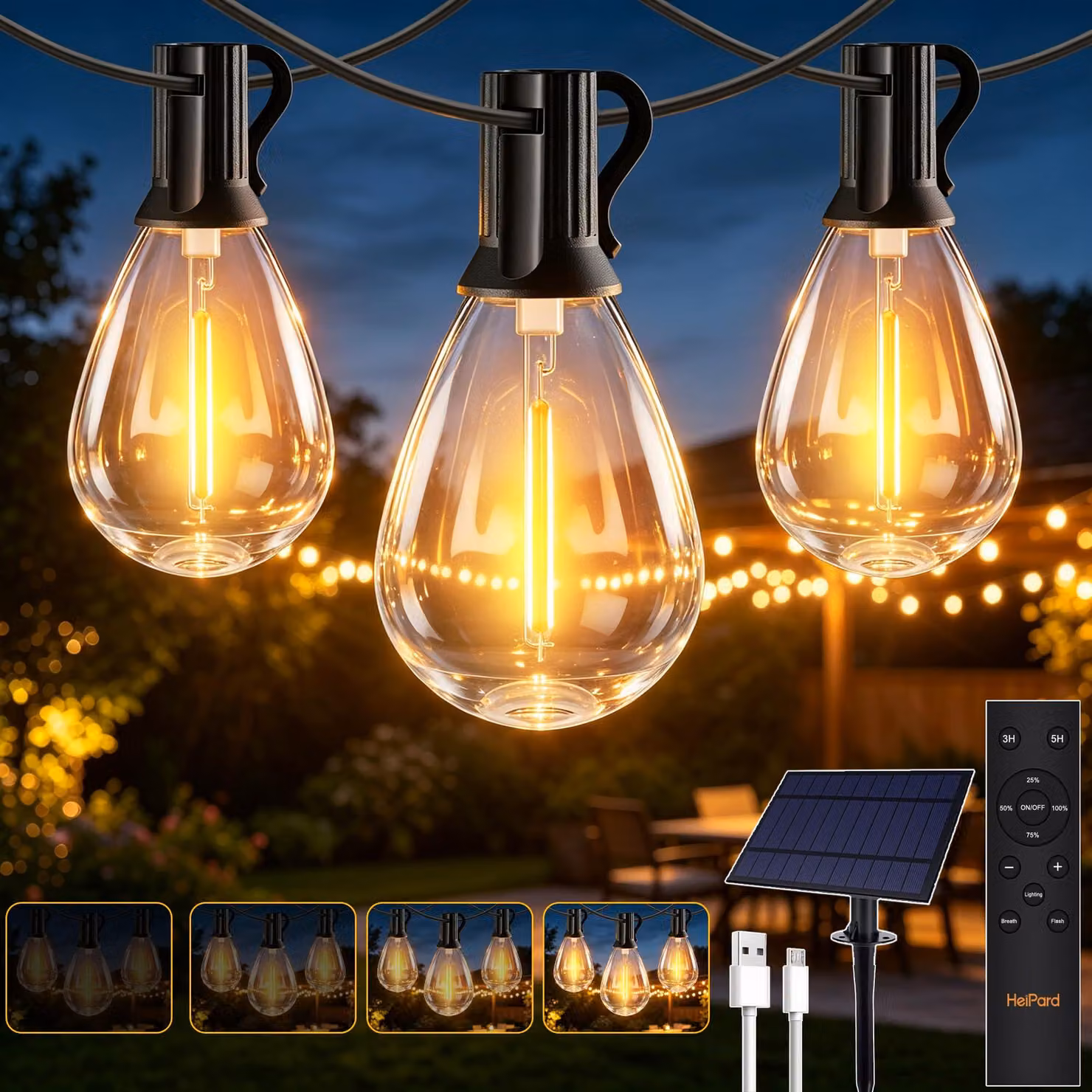 Catena luminosa solare da 15 metri, con 25+2 LED, luce bianco caldo, dimmerabile, con timer