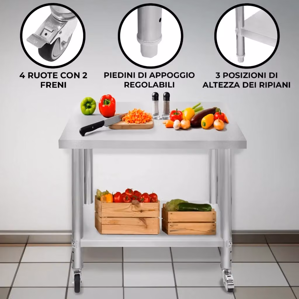Banco di lavoro per ristorazione MONSTER SHOP in acciaio inox color argento, con ruote e altezza regolabile, L: 90 cm, P: 76 cm, H: 86 cm – 2