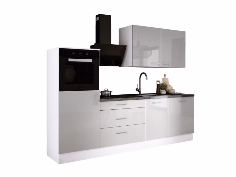 Set da cucina: tre cassetti, cinque ante, otto ripiani, colore: bianco / grigio ghiaccio