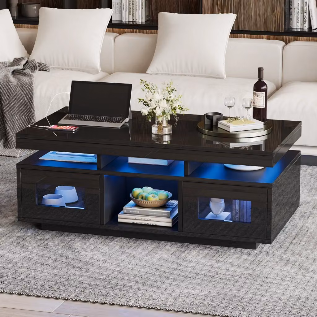 Tavolino basso MIVRAY nero lucido con LED RGB controllabili via app, prese integrate e USB, dotato di 2 vani chiusi, L/P/H: 100 x 50 x 43 cm – 2