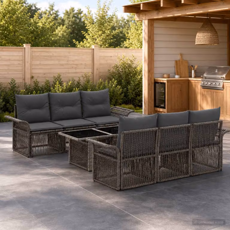 Set Divano da Giardino vidaXL 7 Pezzi a Forma di U in Polyrattan Grigio e Nero con Cuscini e Tavolino