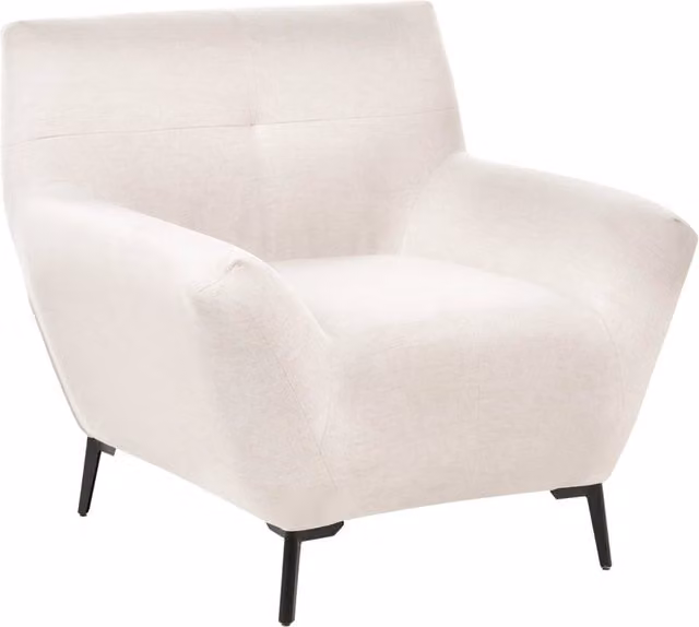 Poltrona in tessuto bianco sporco con braccioli, trapuntatura decorativa e gambe in metallo nero angolo lettura moderno per il soggiorno