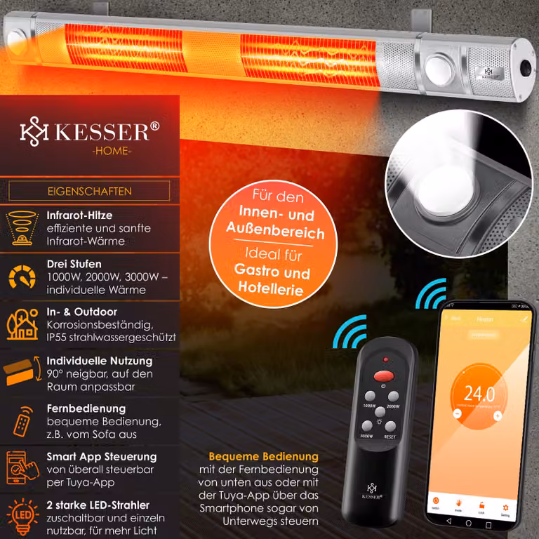 Riscaldatore a infrarossi KESSER® 3000 W IR-Gastro-Bar con luce LED, riscaldatore da terrazza con WiFi e telecomando, custodia protettiva inclusa; riscaldatore a infrarossi, riscaldatore al quarzo, riscaldatore da terrazza, riscaldatore da parete
