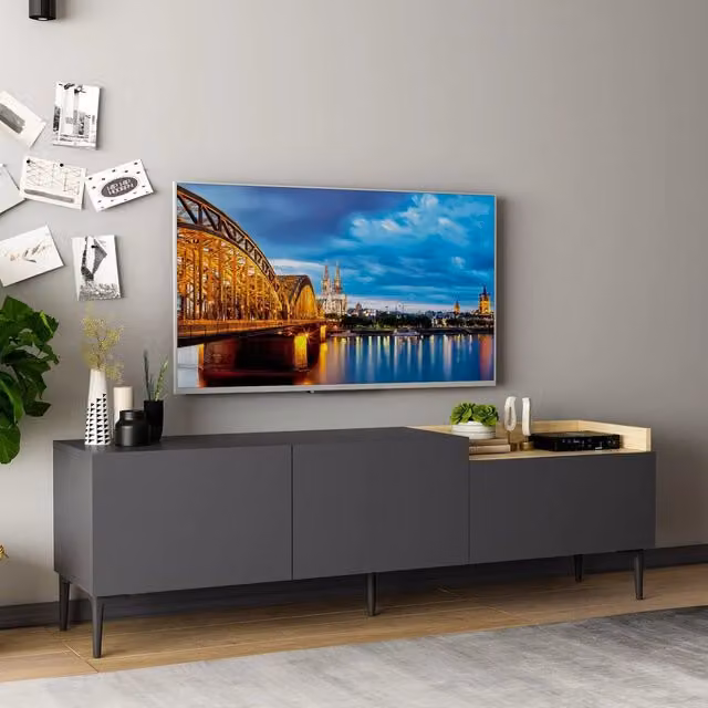 Mobile Porta TV Postal DMORA con 3 Ante, Nero Antracite, L 160 cm x P 37 cm x H 48 cm