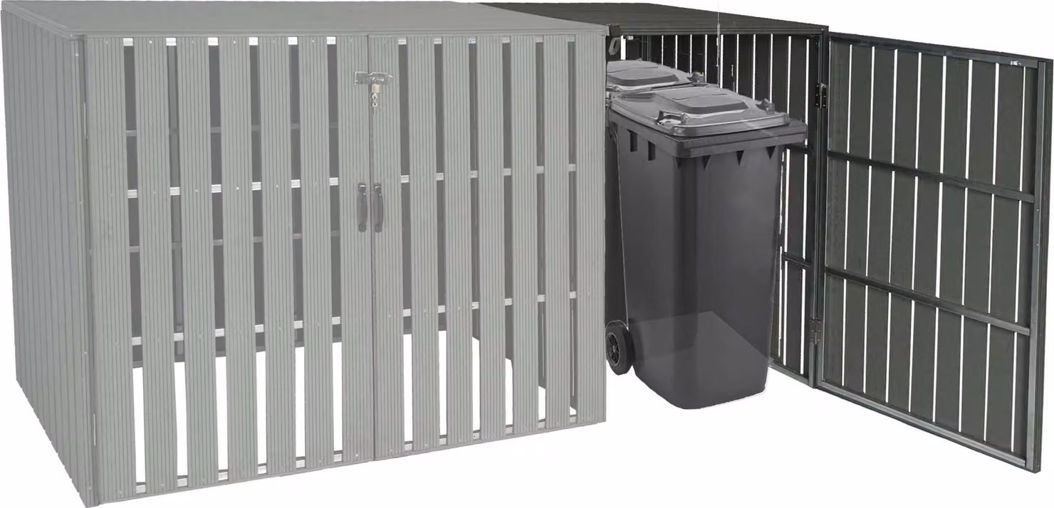 XL - Estensione per copertura bidoni della spazzatura in WPC da 1 o 2 posti MCW-J28, box per bidoni della spazzatura, metallo effetto legno ~ grigio
