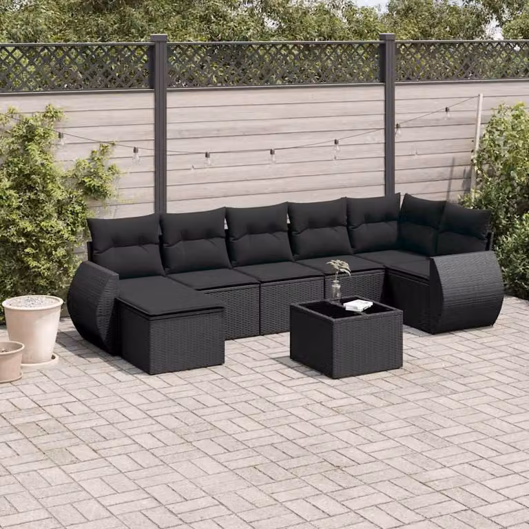 vidaXL Set Divani da Giardino a L in Polyrattan Nero con 8 Pezzi e Cuscini Imbottiti