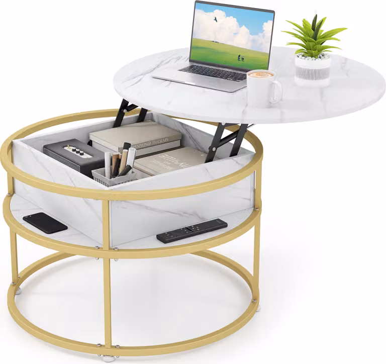 Tavolino da caffè COSTWAY con piano sollevabile, tavolino centrale rotondo da 80 cm con vano nascosto e ripiani laterali, tavolino d'accento a 2 livelli con struttura in metallo