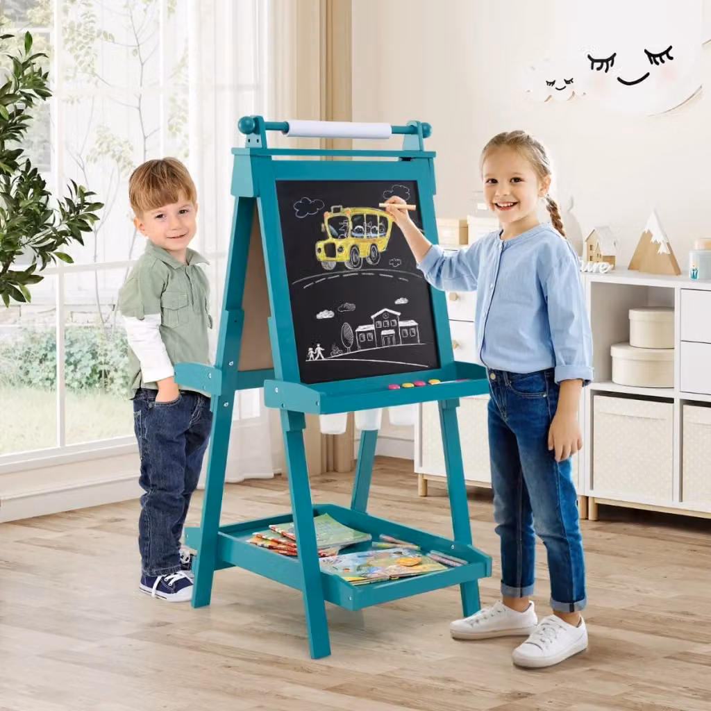 Cavalletto artistico 3 in 1 Design Mania per bambini con lavagna bifacciale, rotolo di carta e vassoi portaoggetti, Verde, H: 126 cm, L: 66 cm, P: 36 cm – 2