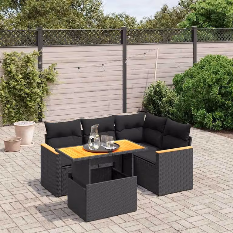 vidaXL Set Divani da Giardino a L 5 pz in Polyrattan Nero con Cuscini e Tavolino